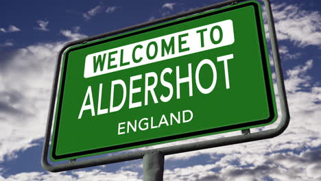 welcome to aldershot, england, uk city road sign, realistic 3d animation