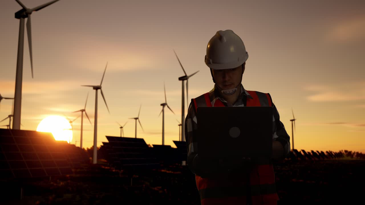 Engineer working at a wind and solar farm at sunset
