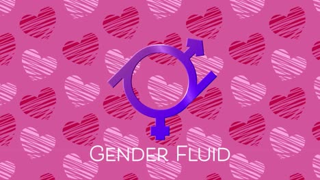 Animation-of-text-gender-fluid,-with-purple-gender-fluid-symbol,-on-pink-hearts-background