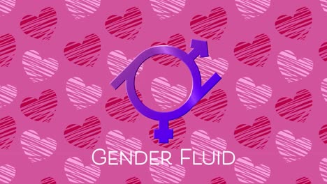 animación del texto de fluido de género, con símbolo de fluido de género púrpura, sobre fondo de corazones rosados