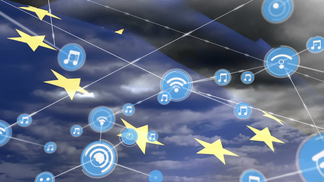 하늘의 구름에 대항하여 eu  ⁇ 발을 흔드는 디지털 아이콘 네트워크