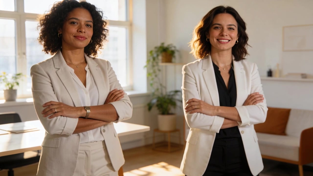 La donna a destra sorride e si gira, mentre due donne in blazer assumono sorrisi amichevoli nella finestra dell'ufficio.