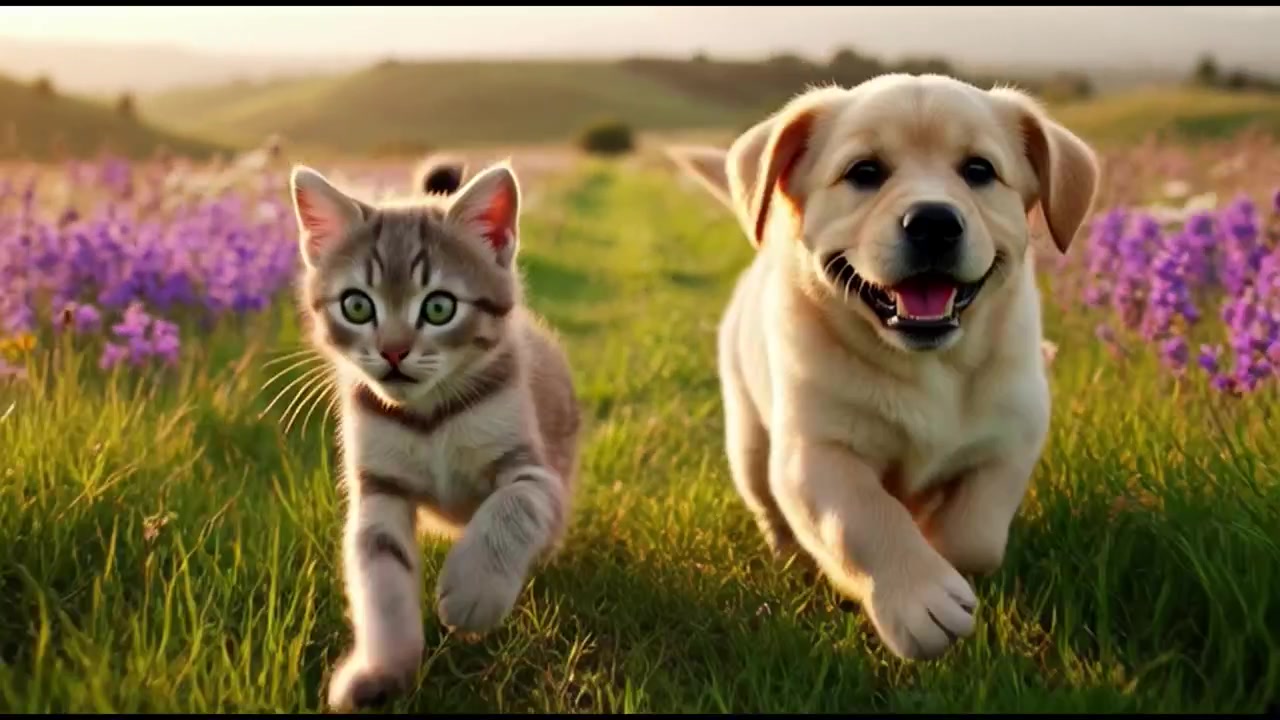 Adorable chiot et chaton courant ensemble dans une prairie fleurie