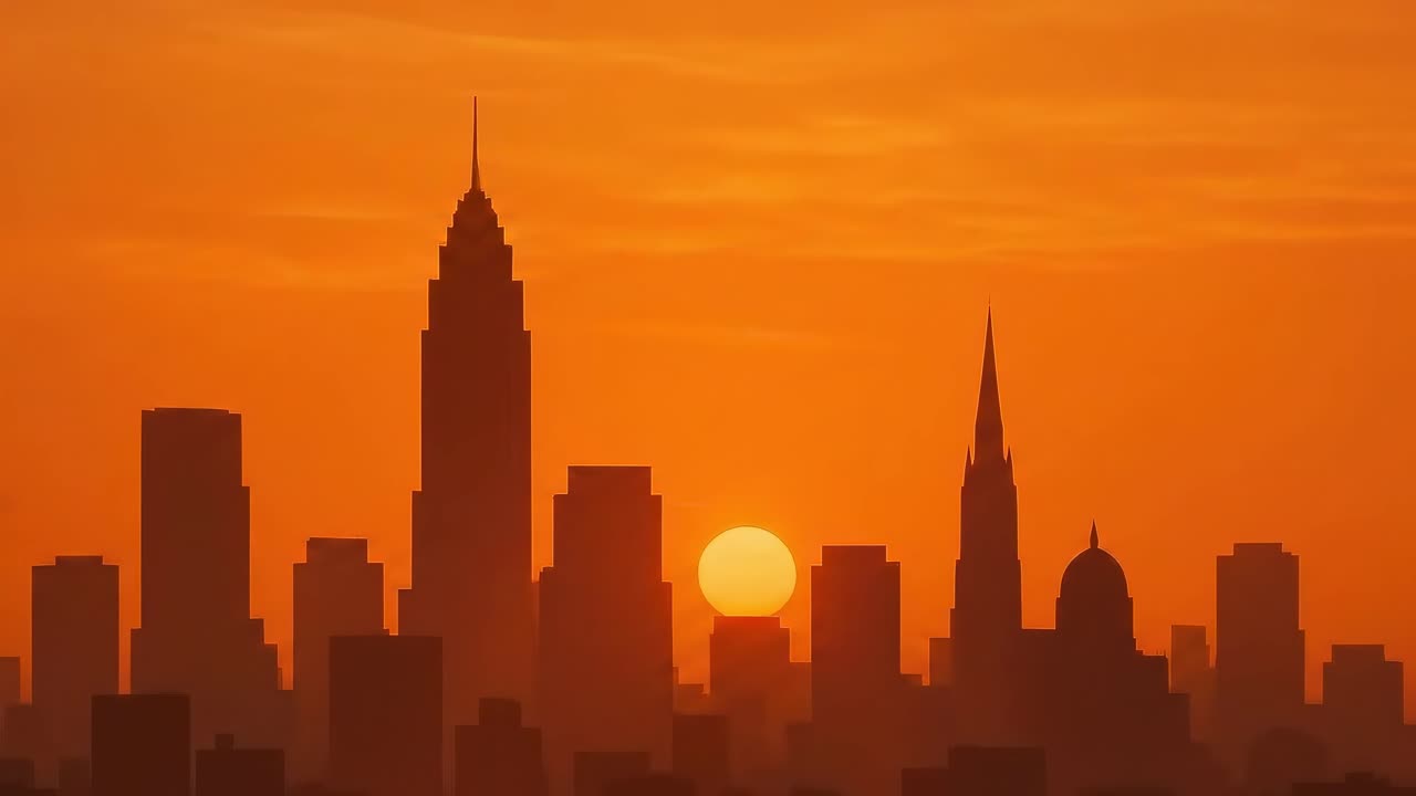 Un impresionante video captura la silueta del horizonte de una ciudad al atardecer, filmado desde un ángulo bajo.