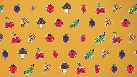 animation of diverse cartoon food floating on orange background