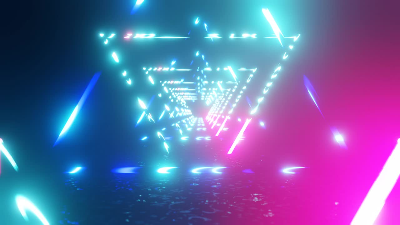 el plan de bucle vj con triángulos de luz de neón. fondo fluorescente abstracto. fondo de neó. triángulo de luz de neon. contorno de uv abstracto fondo 4k.
