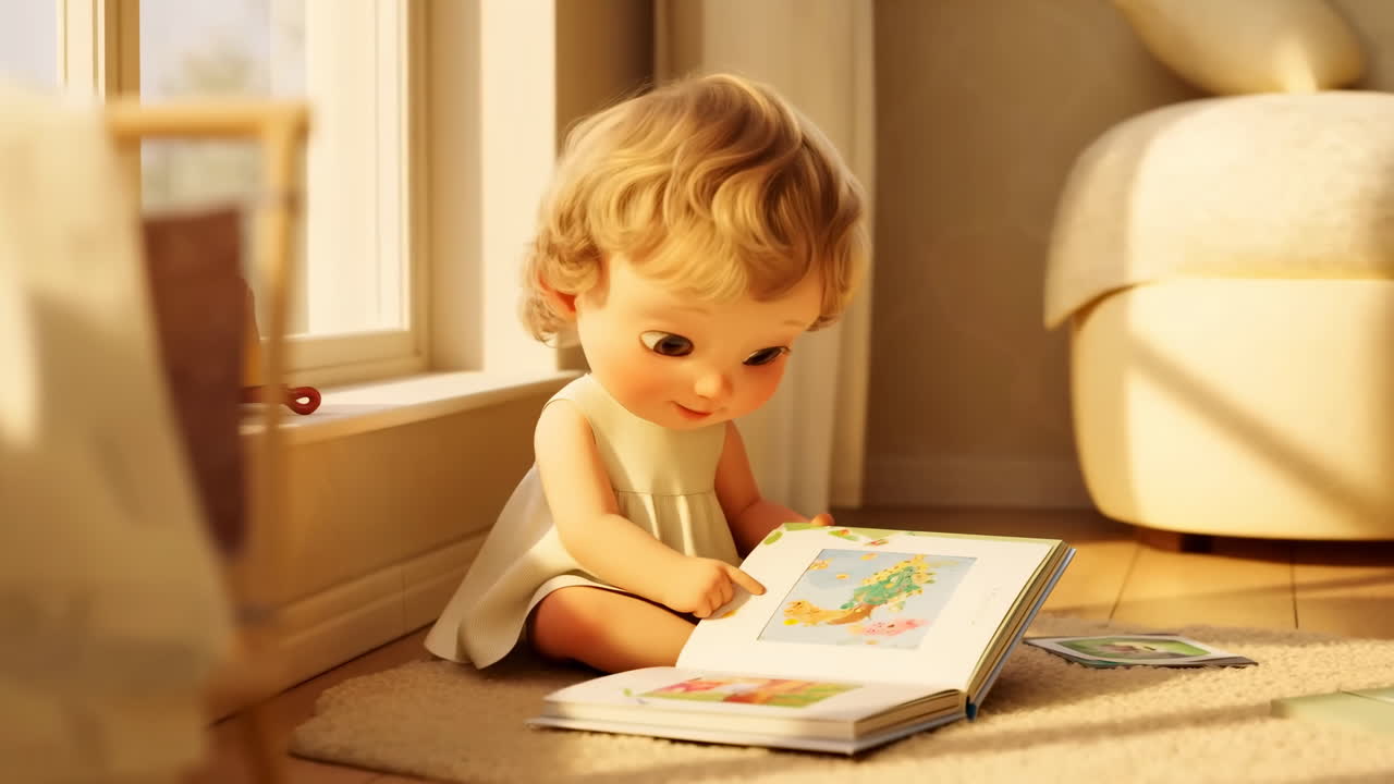 Bambino animato seduto sul pavimento che guarda un libro illustrato