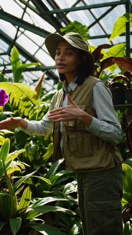 woman exploring a greenhouse filled with orchids and tropical plants