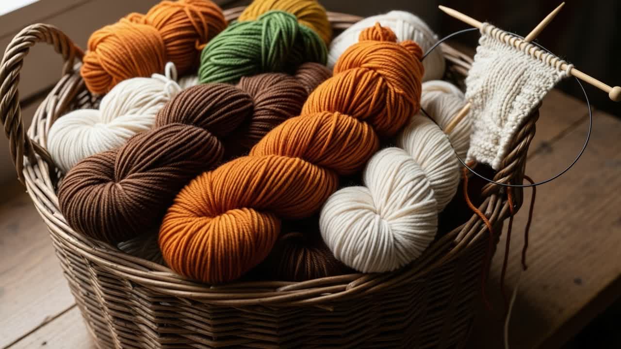 A Beautifully Arranged Basket Filled with Vibrantly Colored Yarn Skeins Perfect for Knitting and Crocheting Projects, Showcasing Crafts and Textiles Skills