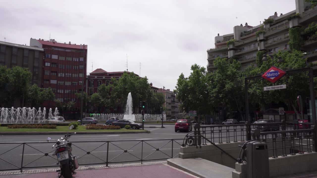 Metro entrance by San Bernardo fountain in Madrid, Spain