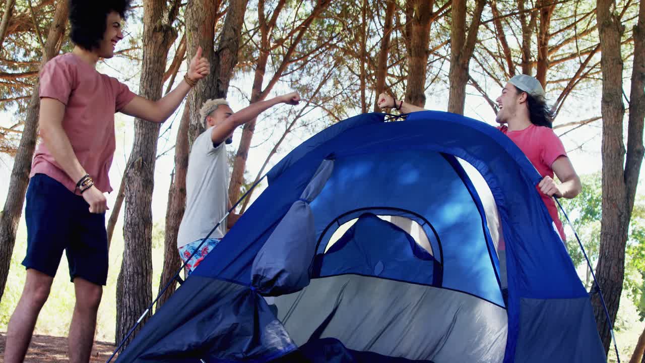 공원 4k에서 텐트를 준비하는 동안 친구들에게 다섯을 주는 것