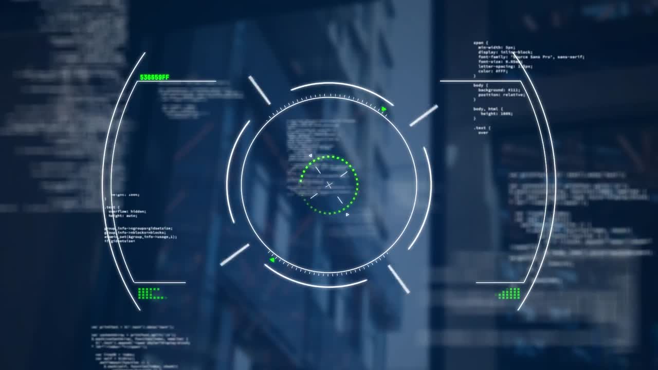Animation of data processing and scope scanning against tall buildings