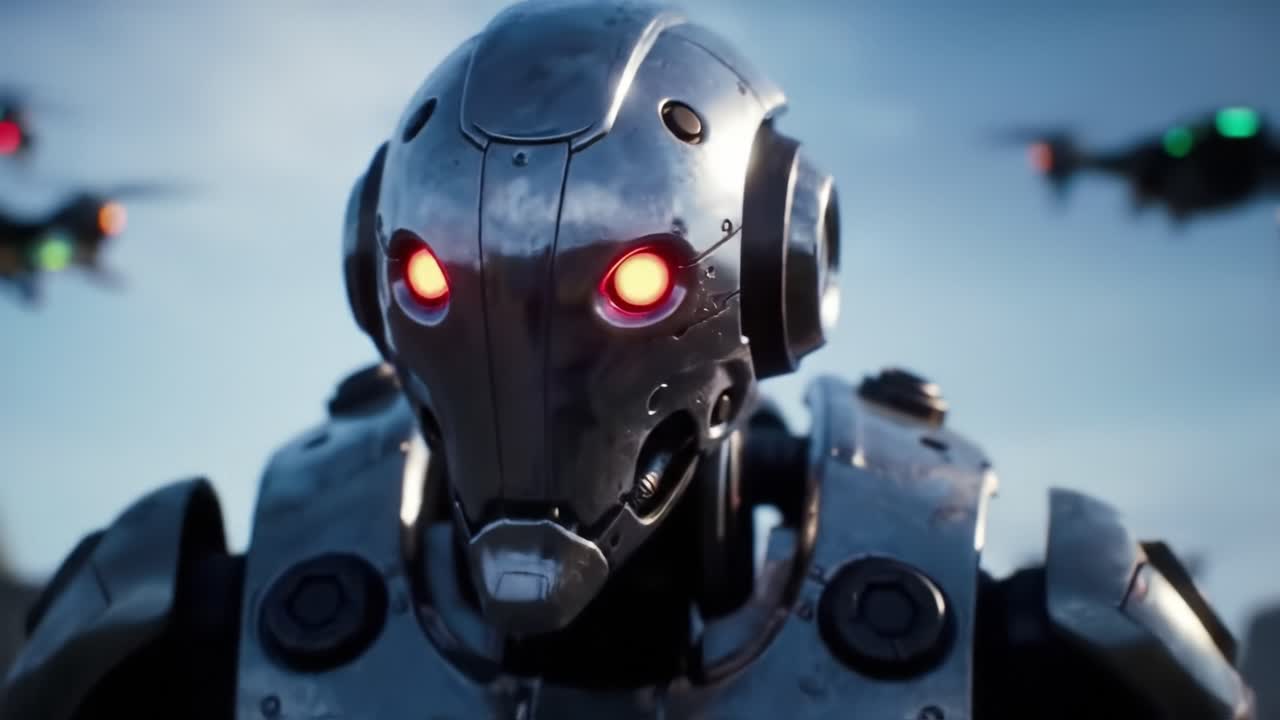 A close-up view of a metallic robotic figure featuring bright red eyes. Drones can be seen hovering in the background, showcasing advanced technology in a dramatic environment.