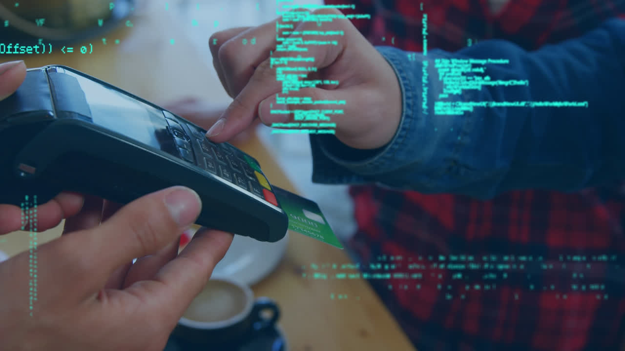 Animation of data processing over caucasian man paying with credit card