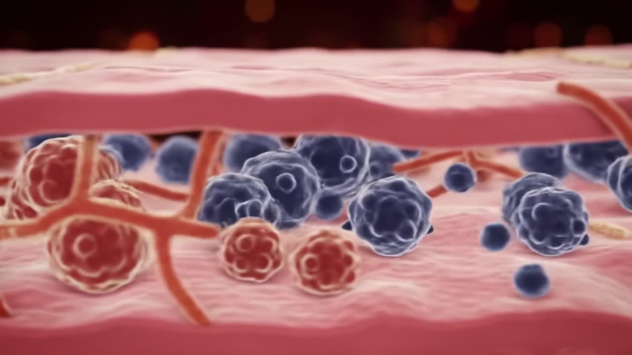 Close-Up Visualization of Cellular Structures in Tissue Layers, Highlighting Interactions Between Cells and Extracellular Matrix in a Microscopic Environment