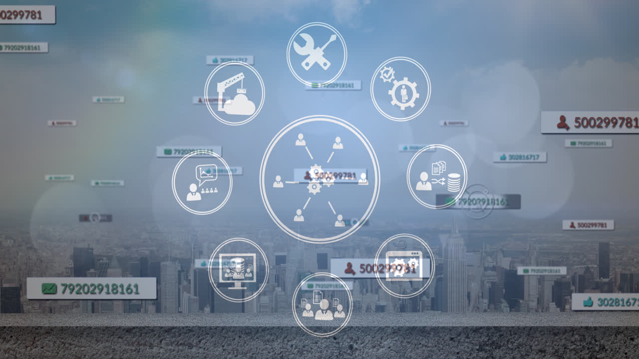 도시 풍경 위의 미디어 아이콘의 애니메이션