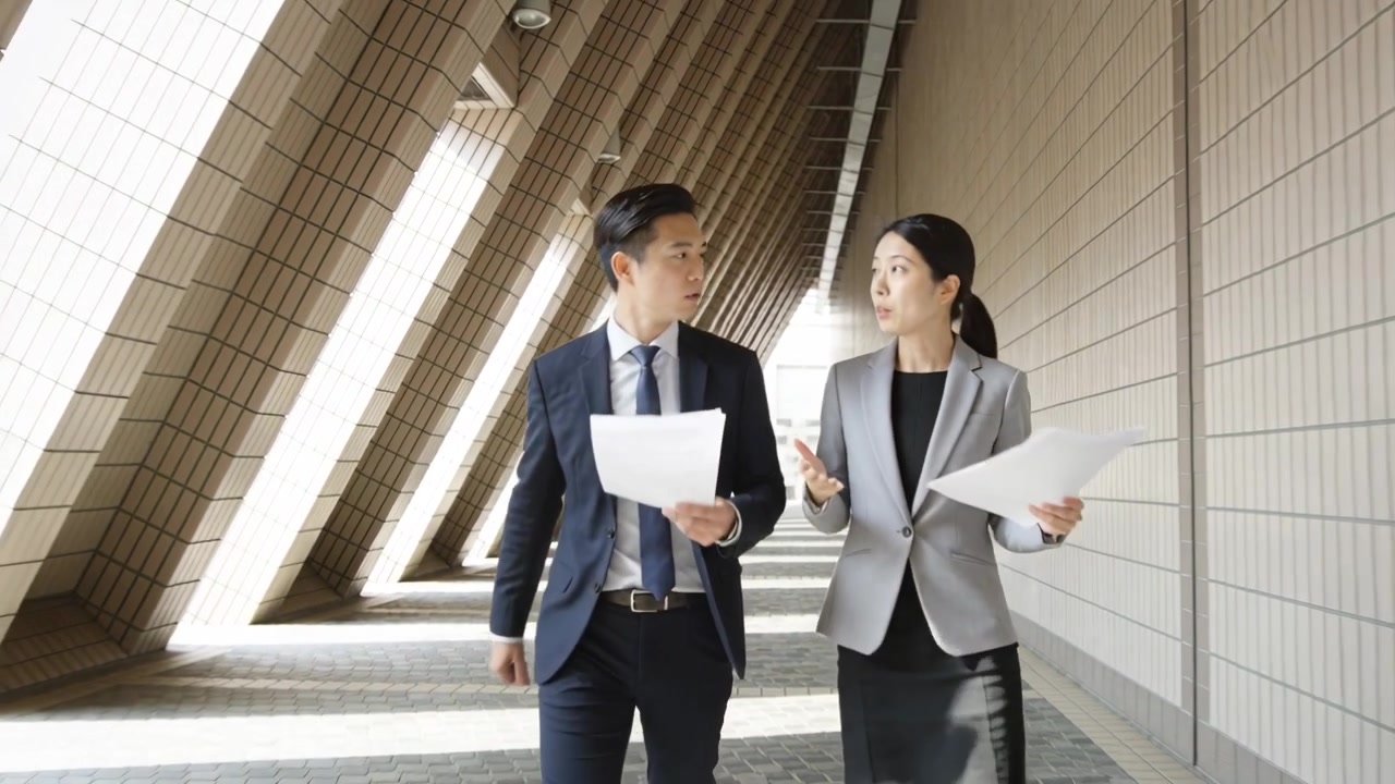 兩位同事，一位穿海軍藍西裝，一位穿灰色西裝外套，從柱子旁的走廊走出，討論文件。