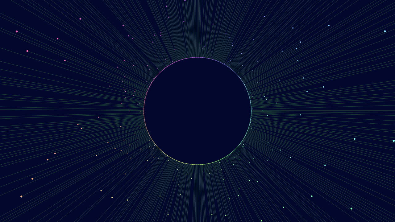 Futuristic starfield animation with radial light streaks converging into a black circular center, creating a hyperspace tunnel effect for sci-fi backgrounds and transitions