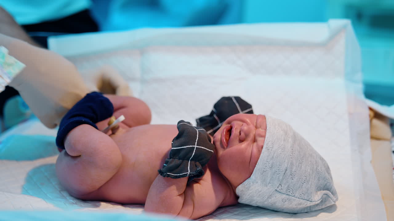 Crying Caucasian baby lies on the table. Little sock are put on child's feet. Infant being dressed after the birth.