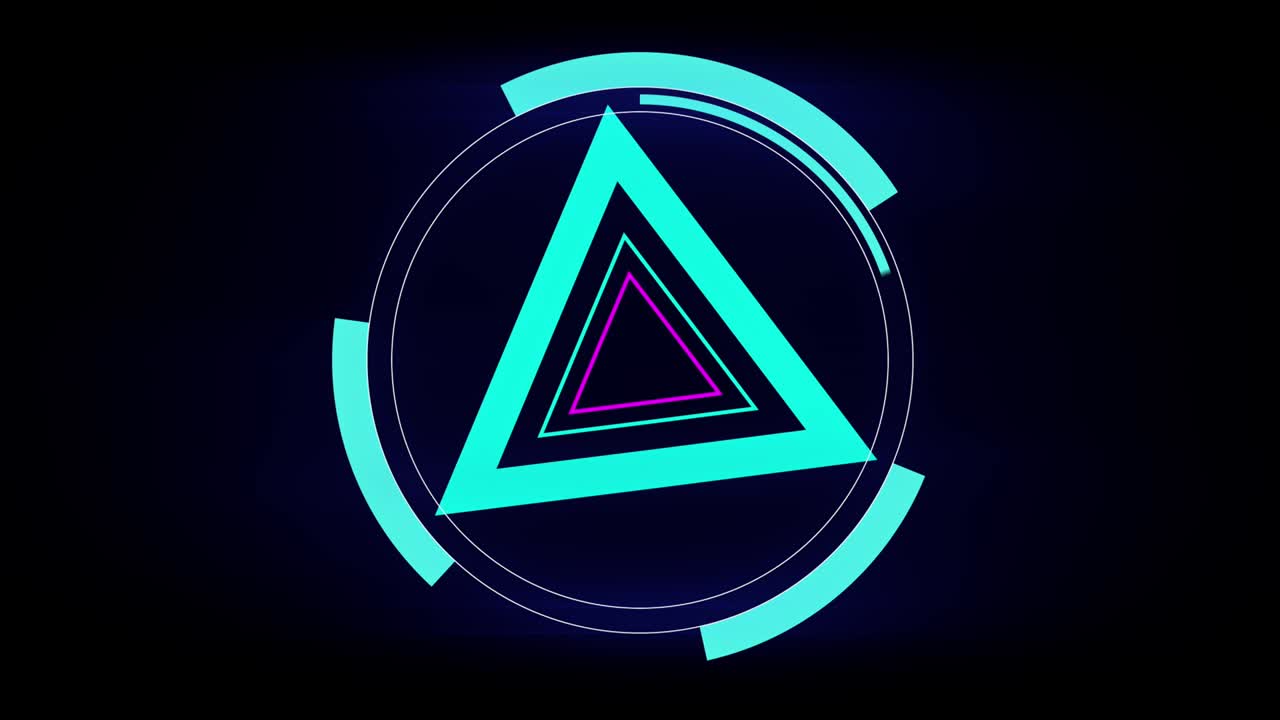 triángulos giratorios dentro de un círculo sobre un fondo negro.