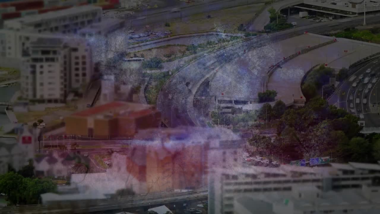 사회의 애니메이션 텍스트가 빠른 움직임의 도시 풍경 위에서 폭발합니다.