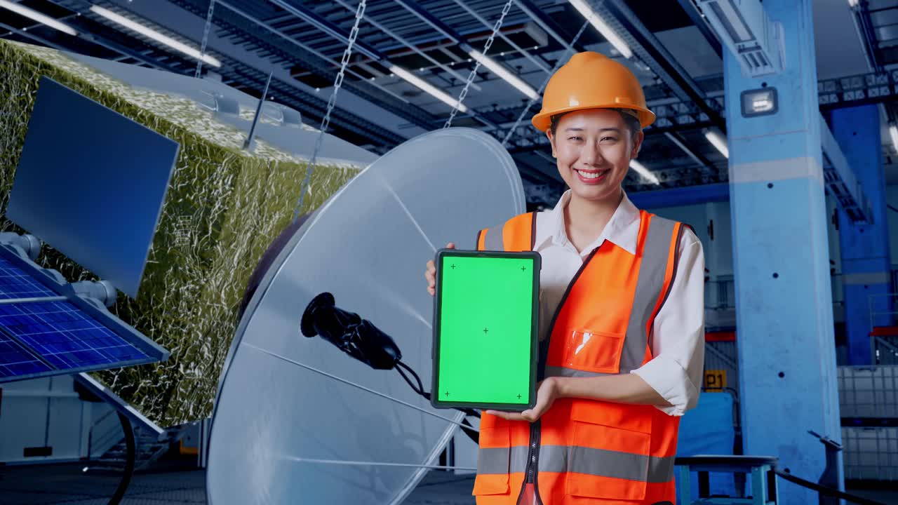 위성 시설에서 태블릿을 시연하는 여성 엔지니어