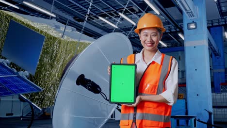ingeniera demostrando una tableta en una instalación de satélite