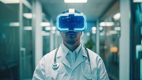 doctor wearing a vr/ar headset in a hospital hallway