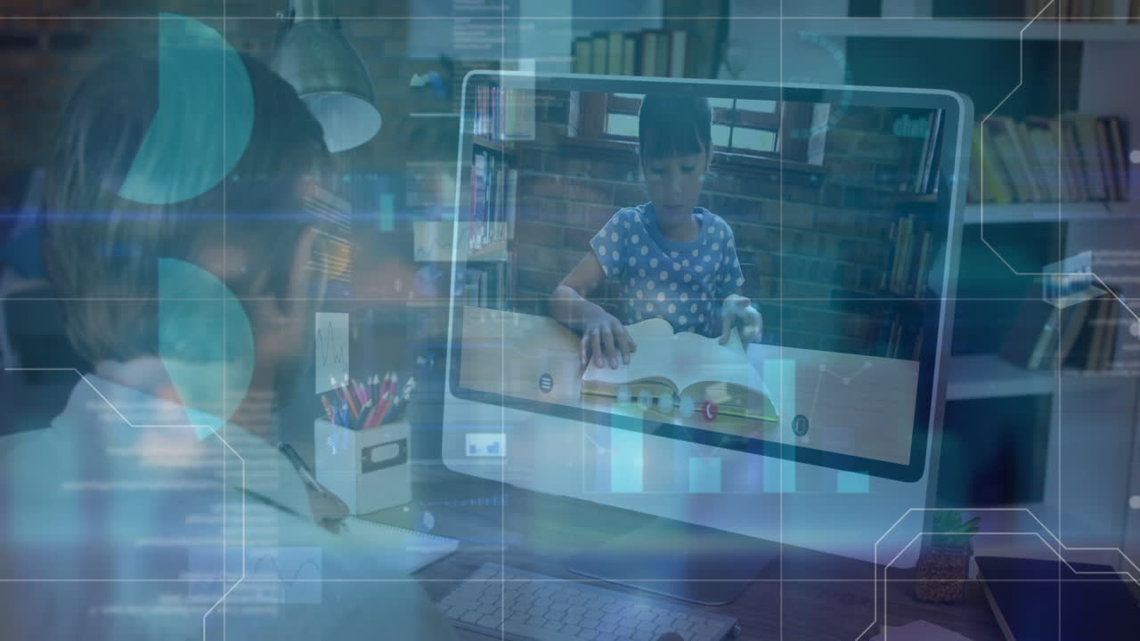 animation von grafiken über einen kaukasischen mann, der einen videoanruf auf einem laptop macht