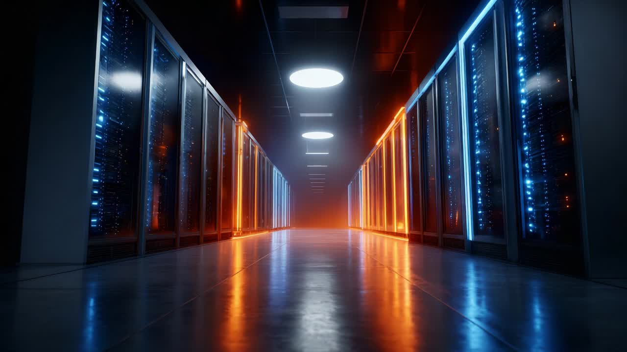 A Stunning Perspective of a Modern Data Center Corridor Illuminated by Striking Blue and Orange LED Lights Reflecting off the Polished Floors, Showcasing Sleek Server Racks that Line Both Sides