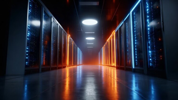 A Stunning Perspective of a Modern Data Center Corridor Illuminated by Striking Blue and Orange LED Lights Reflecting off the Polished Floors, Showcasing Sleek Server Racks that Line Both Sides