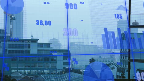 blue financial graphs and data processing animation over urban cityscape