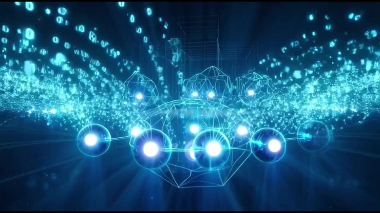 Abstract Digital Network Visualization with Glowing Geometric Nodes and Data Streams
