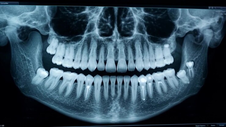 Panoramic dental X-ray scan of a full human jaw with very clear teeth displayed on a dark screen.