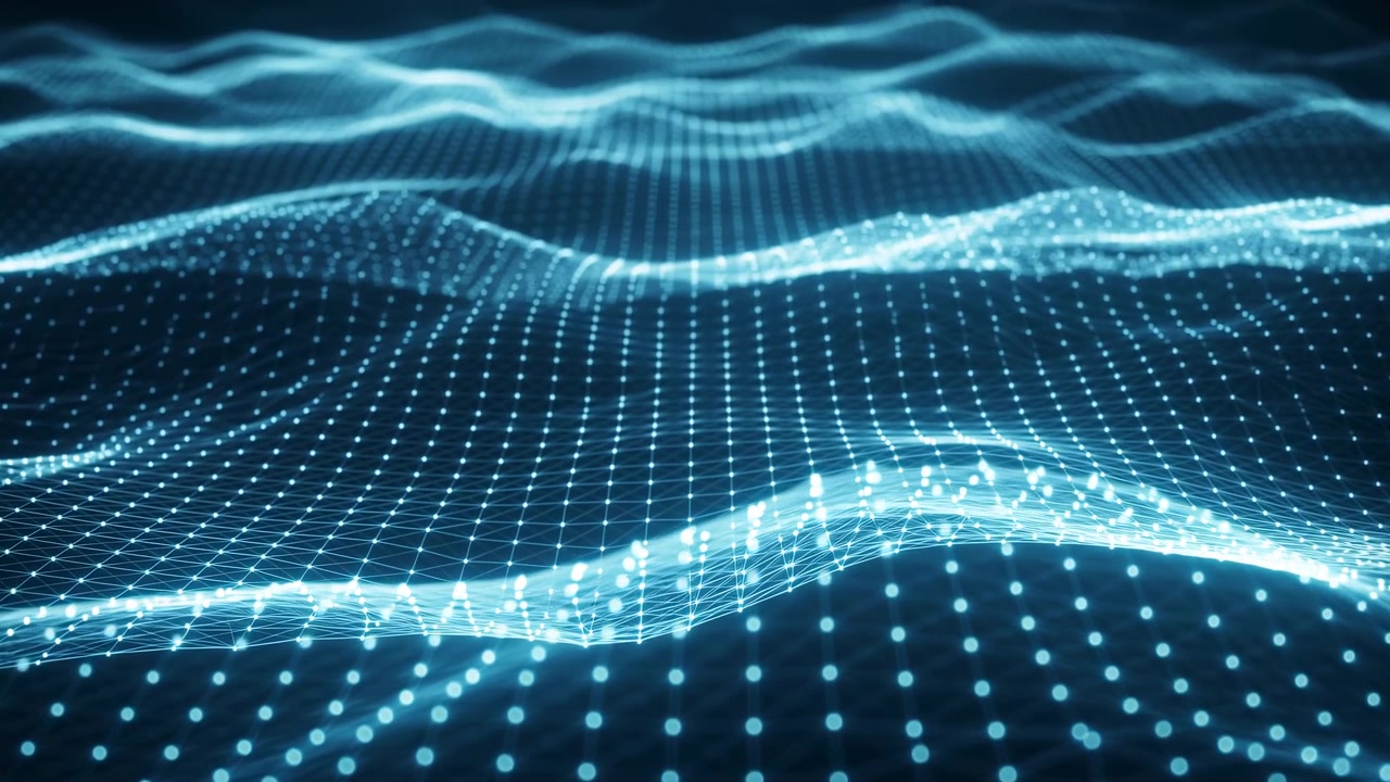 Rows of bright blue points ripple across layered wave forms as curved mesh bands rise and fall through dark scene, creating soft glow, clear depth, and steady flowing motion.