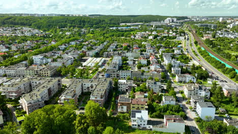 aerial view showcasing the compact residential buildings and streets of gdynia orłowo, surrounded by green spaces and clear roads