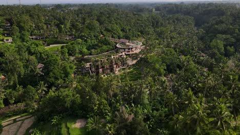 Aerial-views-of-the-Four-Seasons-Resort-Bali-at-Sayan,-nestled-in-the-heart-of-Ubud's-vibrant-jungle