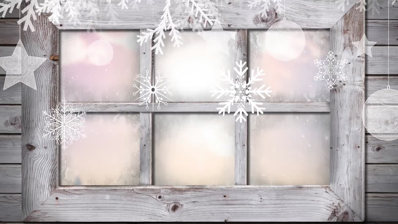 animación de nieve cayendo y decoraciones de navidad con paisajes de invierno vistos a través de la ventana