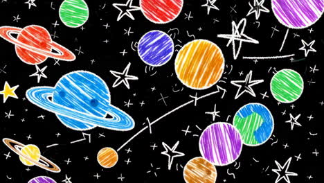 colorful crayon drawing of planets and stars in space