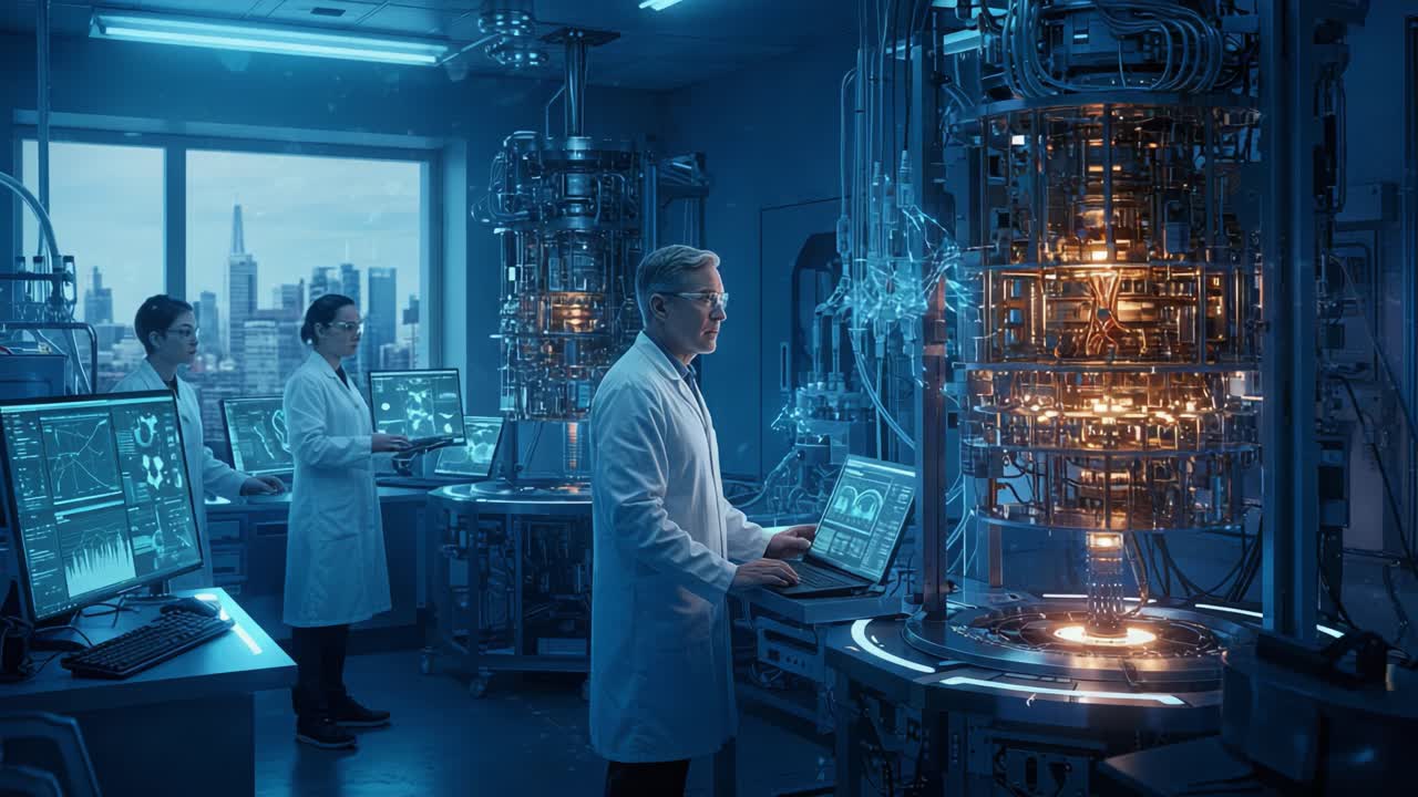 Advanced Research Laboratory Featuring Quantum Computing Technology and Scientists Engaged in Innovative Experiments in a High-Tech Environment