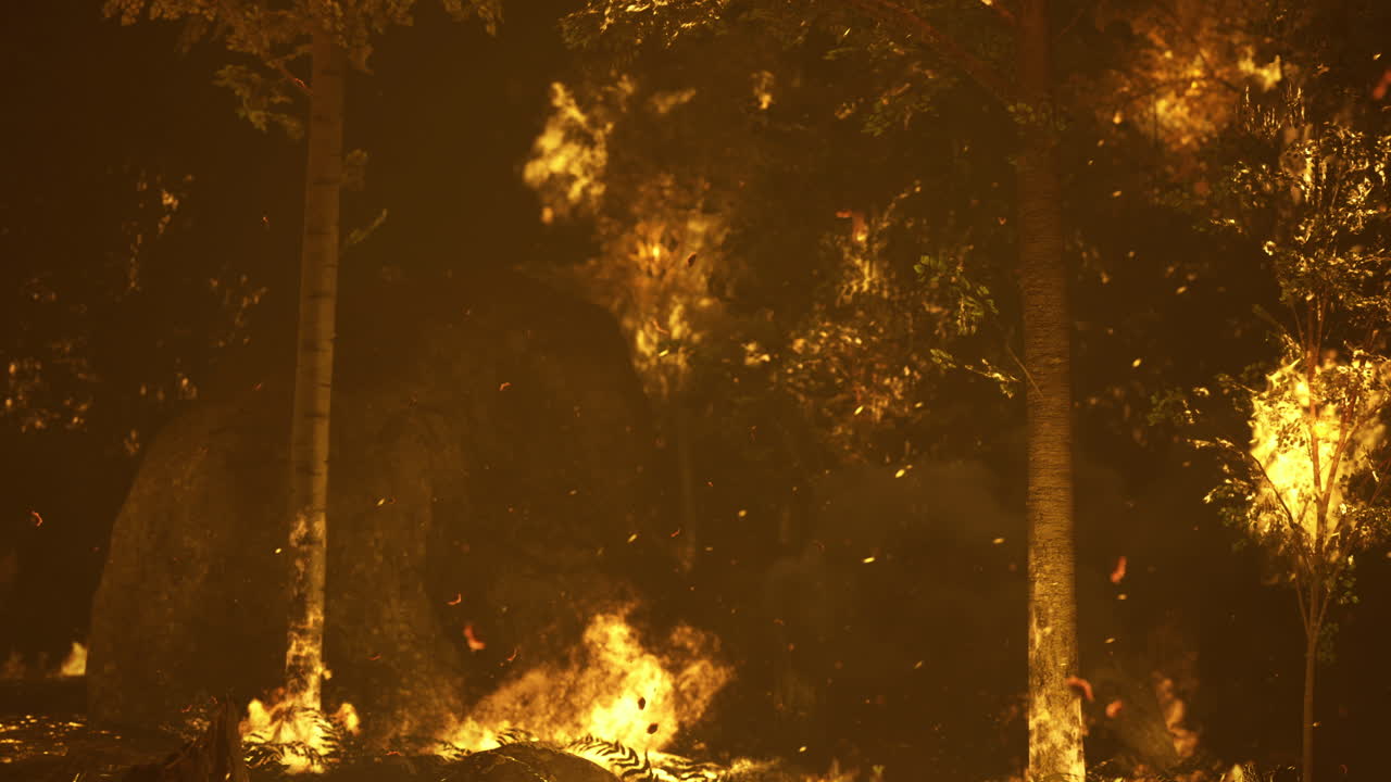 Forest fire spreading rapidly through trees at dusk in a remote area