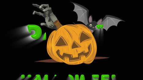 animación de la fiesta de halloween, calabaza, manos y murciélago sobre fondo negro