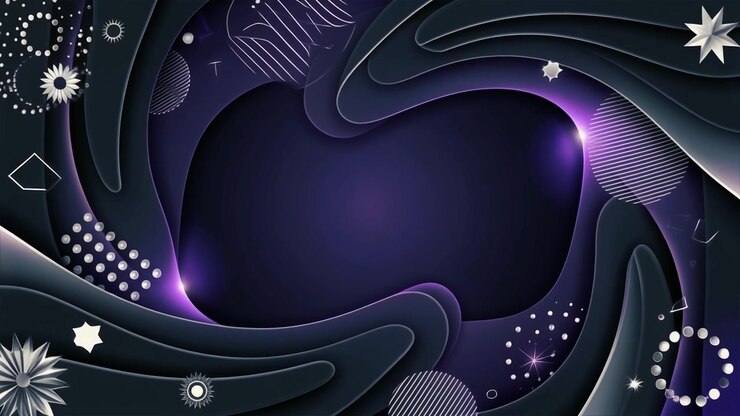 Abstract Dark Purple Wavy Background with Geometric Shapes and Glowing Lights
