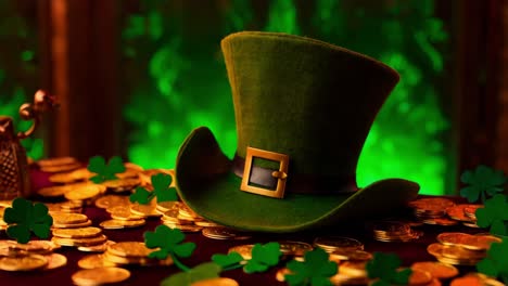 leprechaun hat with gold coins and clovers