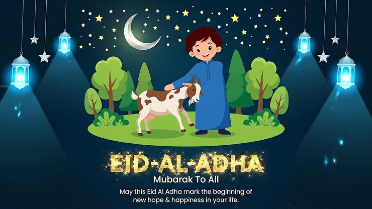 Banner di celebrazione Eid al Adha con luna crescente, cammello, pecora, silhouette di moschea, ornamenti pendenti e sfondo di cielo notturno festivo.
