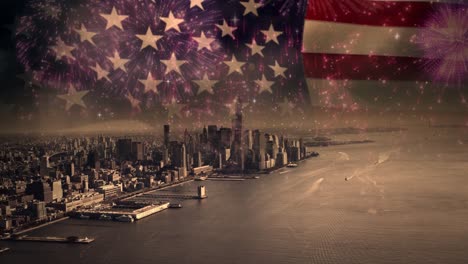 composition of flag of united states of america over vintage photo of american city