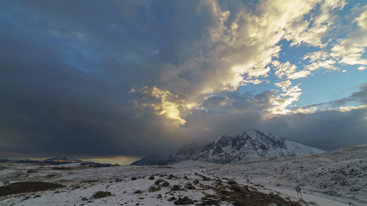 Dramatic Sunset over Snowy Mountains in Patagonia