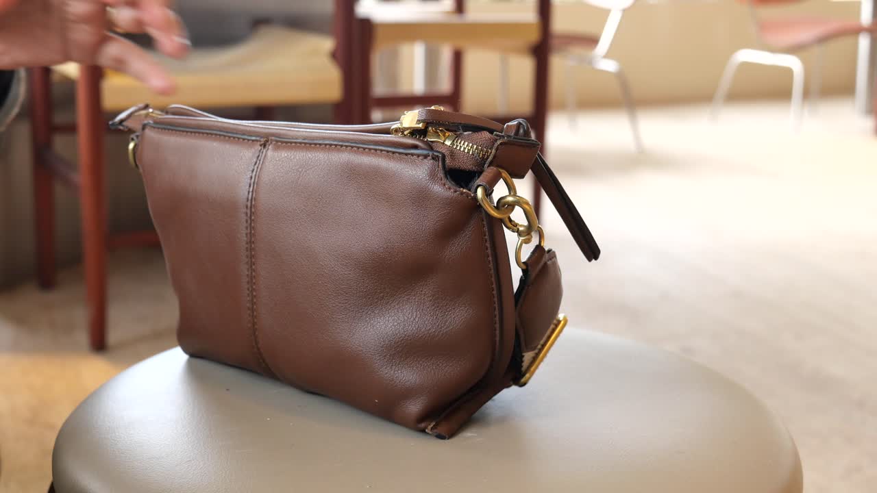 바닥 에 갈색 가죽 지갑 을 들고 있는 여자