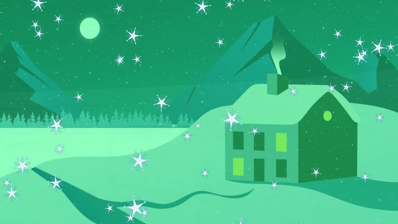 animación de paisaje verde de invierno con casa, copos de nieve y montañas.