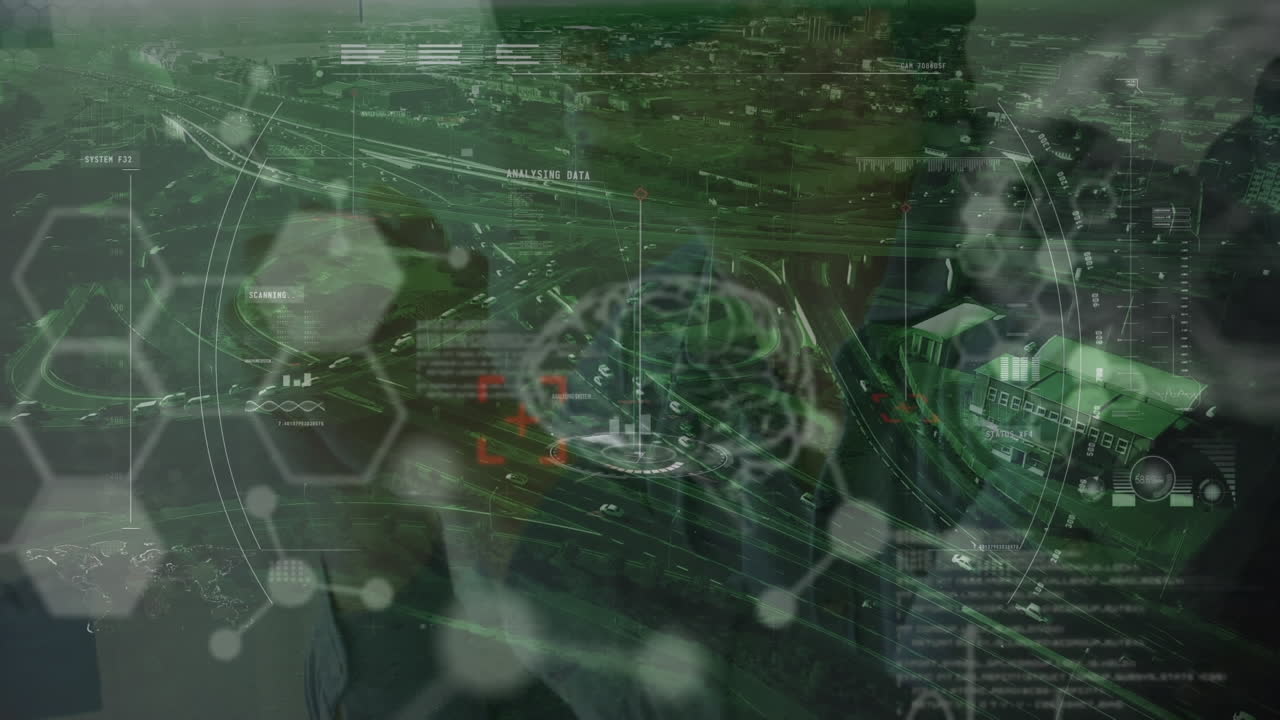 도시 풍경 위의 범위 스캐닝과 데이터 처리 애니메이션